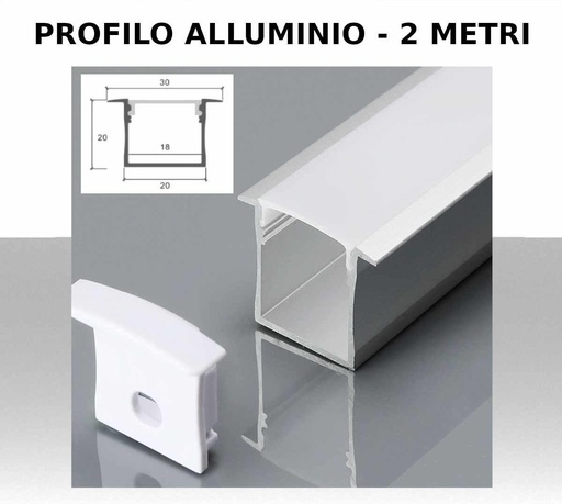 Profilo Alluminio per strip LED Lineare da Incasso colore Silver con Copertura Opaca 2000x30x20.5mm