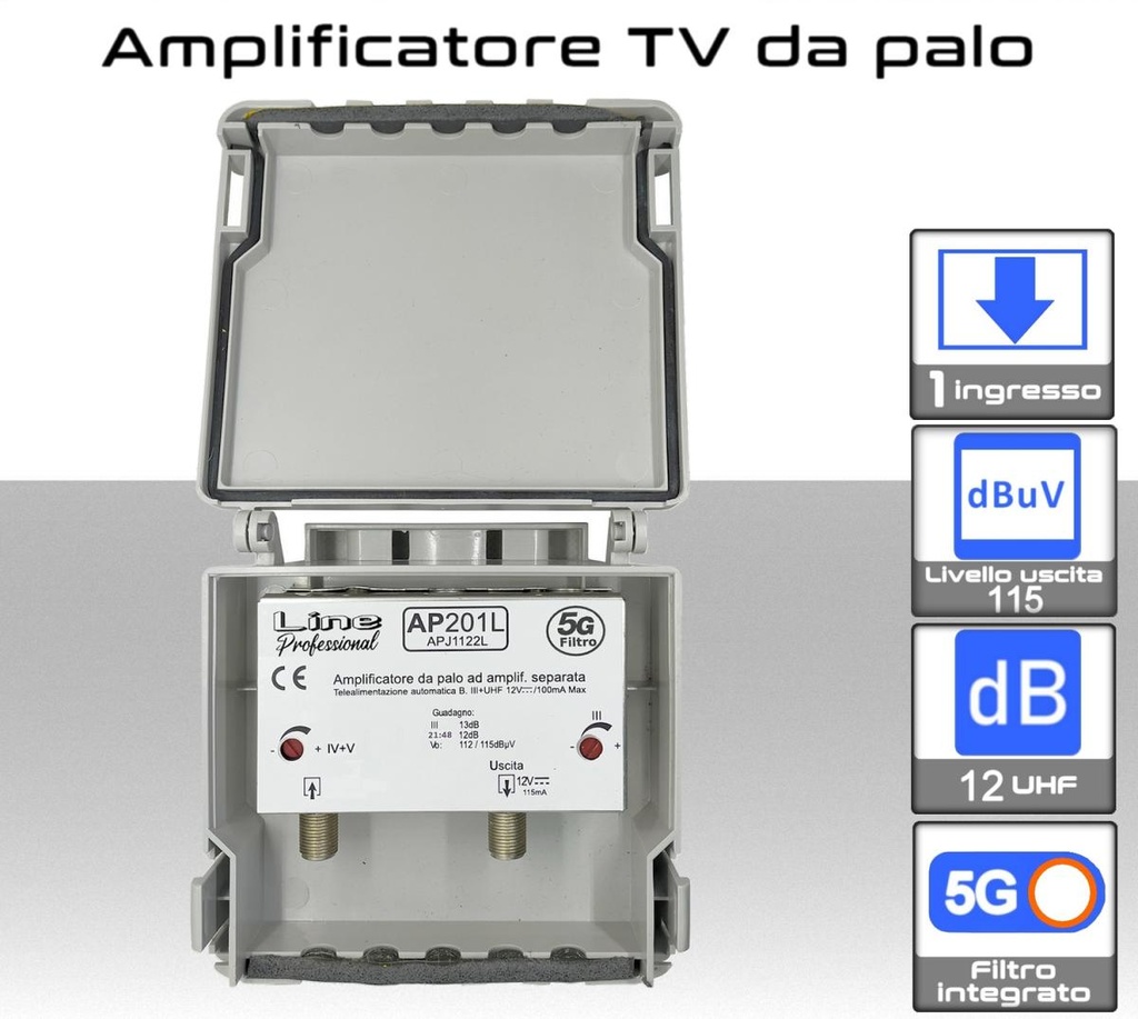 Amplificatore da palo 1 ing III+21:48 12 dB 2 Reg. ad  alto livello d`uscita 122dBuV@35dBc - LTE 5G con Telealimentazione automatica