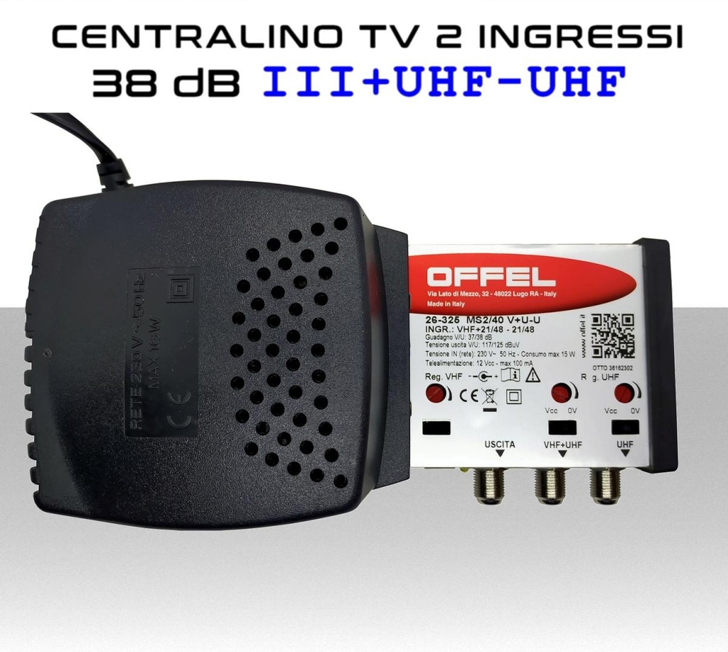 Centralino antenna TV da interno 2 ingressi BIII/UHF-UHF 38dB serie Offel 26-325