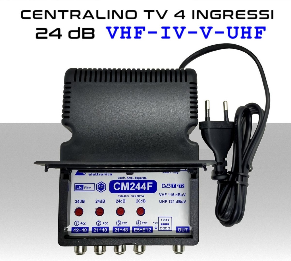 Centralino antenna TV da interno 4 ingressi BIII-IV-V-UHF ( 40/42 )  24dB serie Elar CM244F