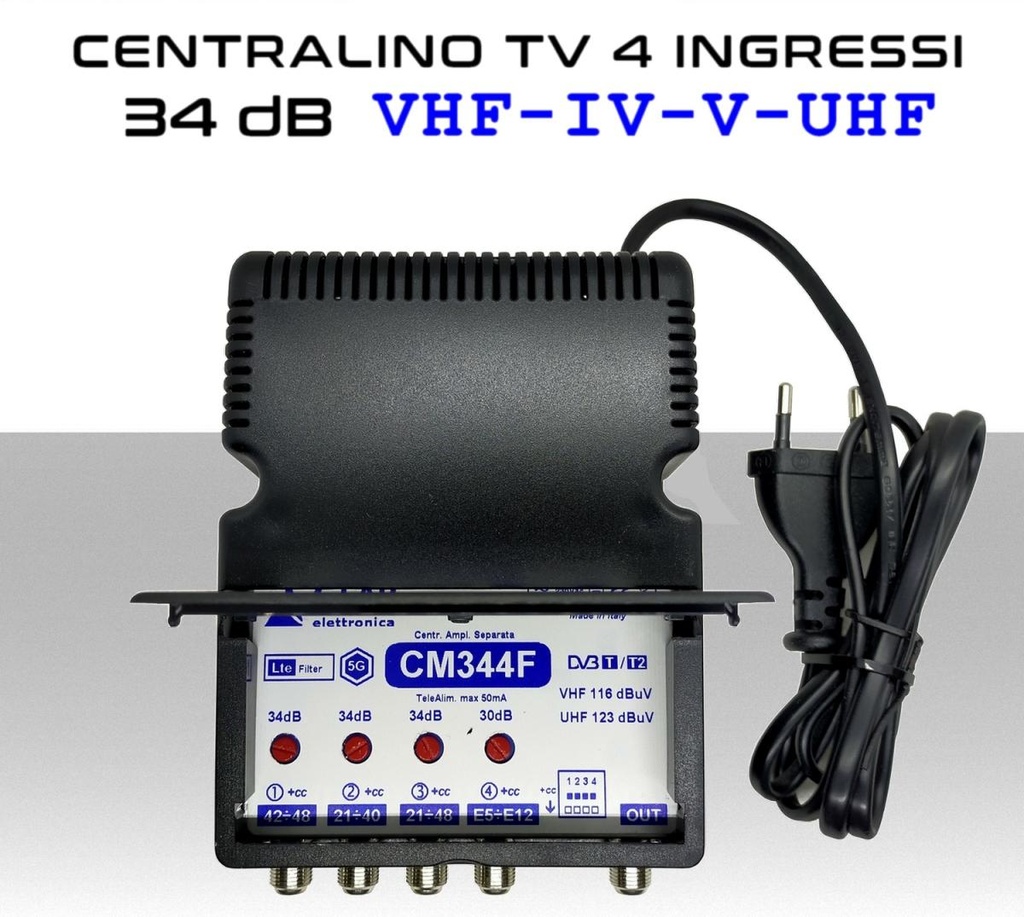 Centralino antenna TV da interno 4 ingressi BIII / IV / V / UHF 34dB Reg. Taglio 40/42 serie Elar CM344F