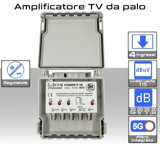 Amplificatore Antenna TV 4 ingressi III / IV / V / UHF ( taglio 34/36 ) 20dB regolabile con filtro antidisturbo 5G - AP830L-5G