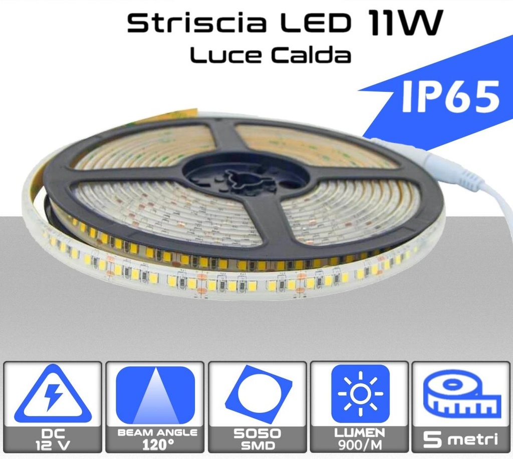 Striscia LED 12V Luce calda 11W lumen 900 Protezione IP65  SKU-212149 - Rolla da 5 metri - Lumen:900/m