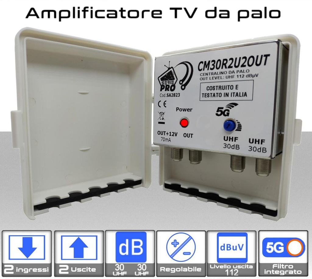 Amplificatore antenna TV 2 ingressi UHF 30dB regolabile 2 OUT Serie PRO