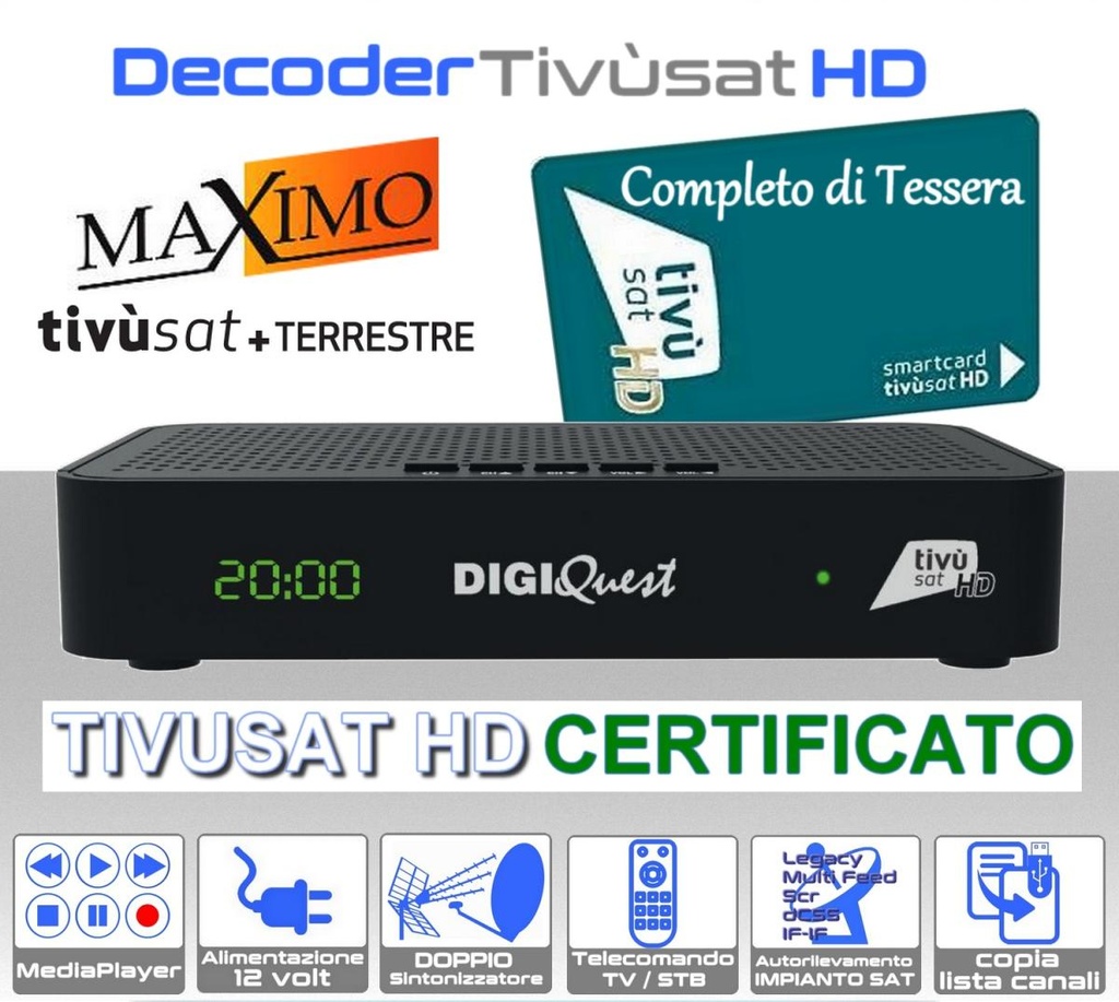  Decoder tivusat HD combo DVB-S2/T2 scheda inclusa Digiquest Maximo compatibile DAZN