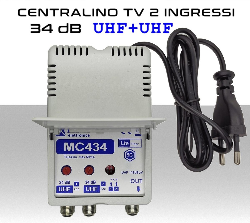 Centralino antenna TV da interno 2 ingressi UHF-UHF 34dB serie Elar MC434