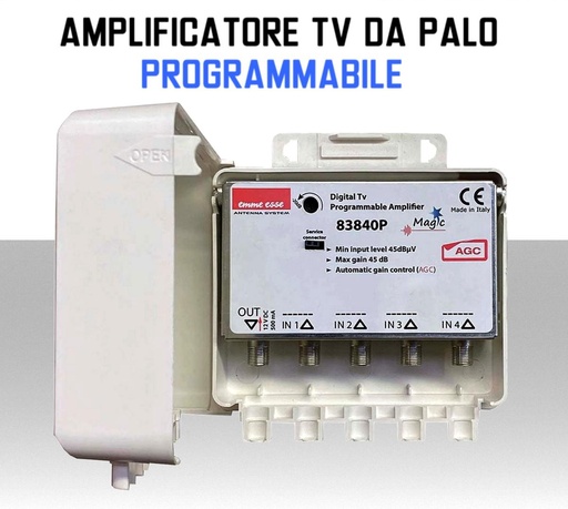 Centralino TV da palo  4 ingressi 45dB programmabile con AGC e Filtro 5G LTE modello Emme esse 83840P