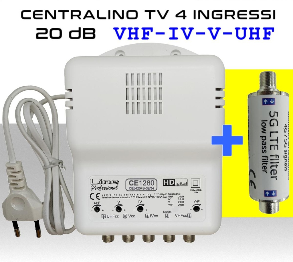 Centralino antenna TV da interno 4 ingressi BIII-IV-V-UHF (32/34) 20dB serie CE1280