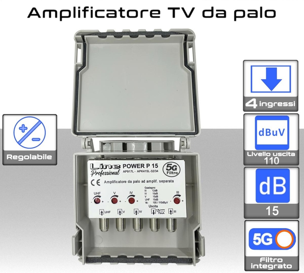 Amplificatore antenna TV 4 ingressi BIII-IV-V-UHF ( 32/34 ) 15dB regolabile AP917L-5G