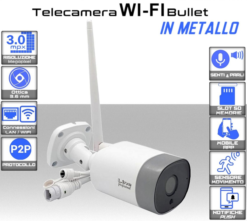 Telecamera wifi da esterno in metallo 3.0 mpx ottica fissa 3.6 mm IP66 con Microfono incorporato