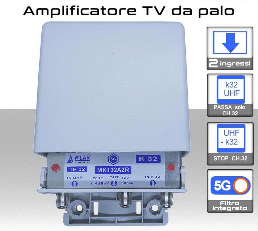 Amplificatore antenna TV 2 ingressi UHF 20dB regolabile blocca passa canale 32 Elar MK132A2R