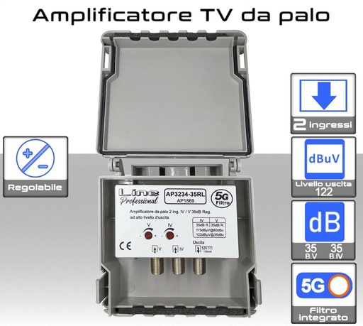 Amplificatore TV 2 Ingressi 35dB Taglio 32/34 LTE 4G 5G - Ottimizzato per Ricezione TV Digitale