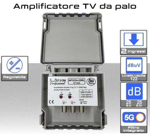 Amplificatore antenna TV 2 ingressi 21:32 / 34:48 25dB regolabile con filtro LTE 4G+5G