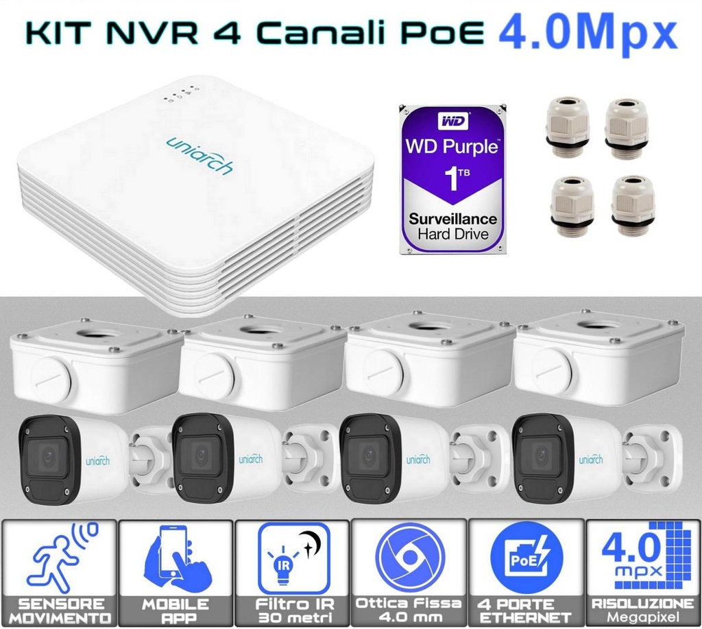 Kit videosorveglianza PoE 4 canali completo di telecamere bullet IP da esterno Hard Disk e accessori Uniarch