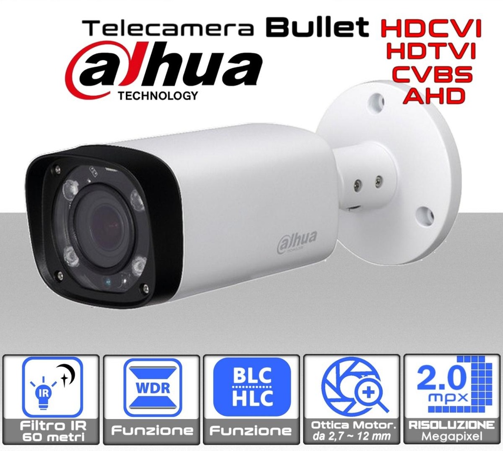  Telecamera bullet Dahua FHD ibrida 4 in 1 filtro IR 60 metri 2.0 mpx con ottica motorizzata 2,7 ~ 12 mm  
