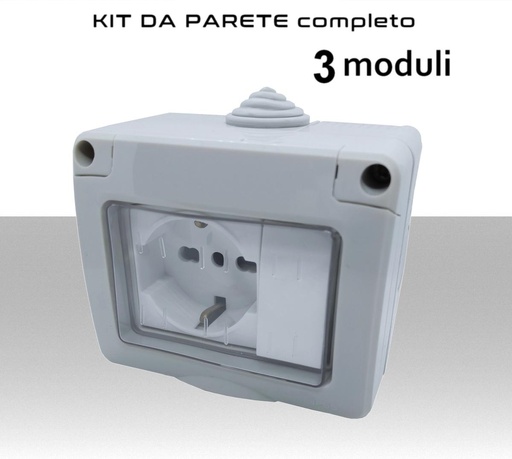 Contenitore Stagno completo a 3 moduli inclusi presa e interruttore 16A IP55