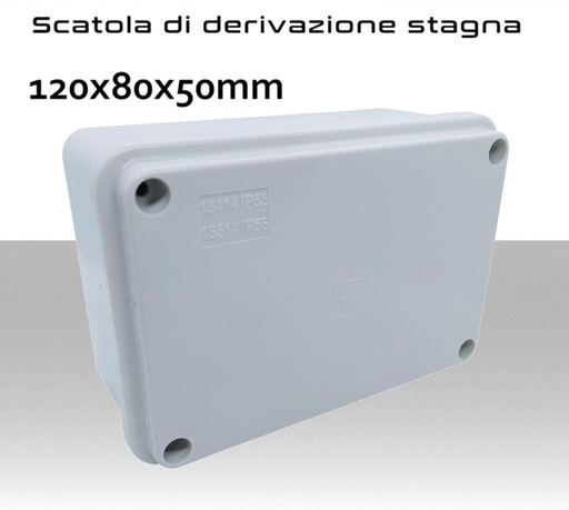 Scatola di derivazione stagna IP56 quadra con coperchio e viti 120x80x50mm