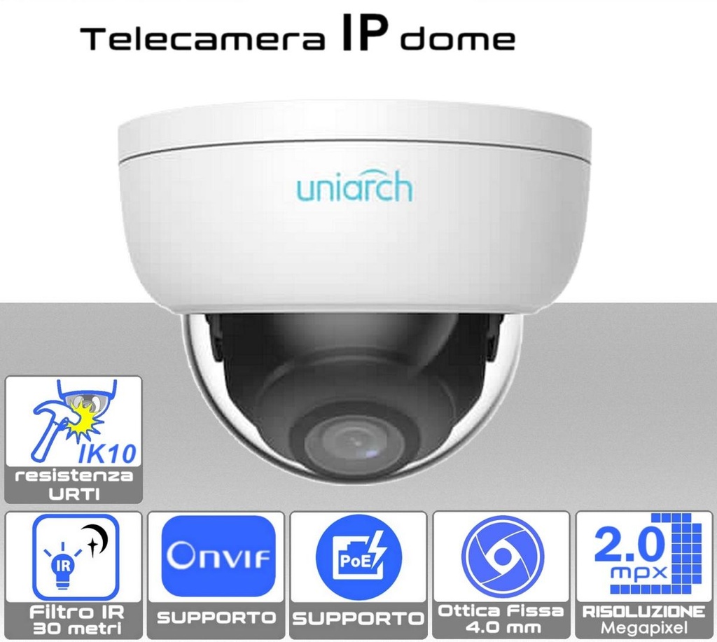 Telecamera IP mini dome 2 megapixel da esterno PoE con ottica fissa da 4.0 mm anti vandalo IK10 Uniarch