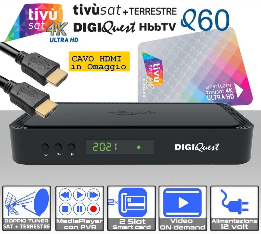 Decoder Tivusat 4K combo Digiquest Q60 DVB-S2  DVB-T2 HEVC con scheda Tivùsat UHD e cavo HDMI HQ in omaggio