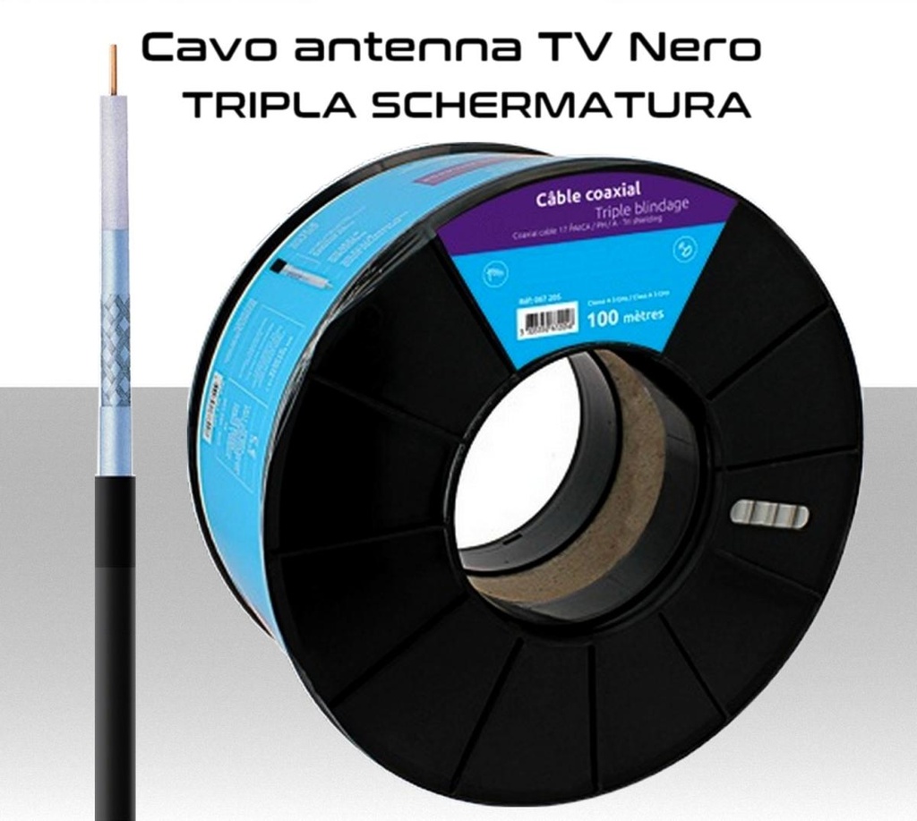 Cavo antenna TV 6,8 mm nero in bobina 100 metri tripla schermatura