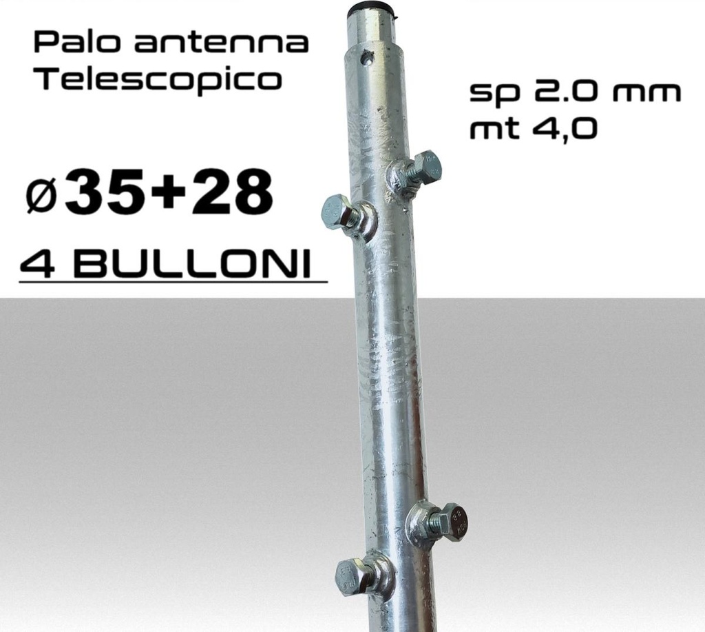 Palo antenna telescopico 4 metri tubi infilati Ø 35-28 mm spessore 2.0 mm zincato a caldo 