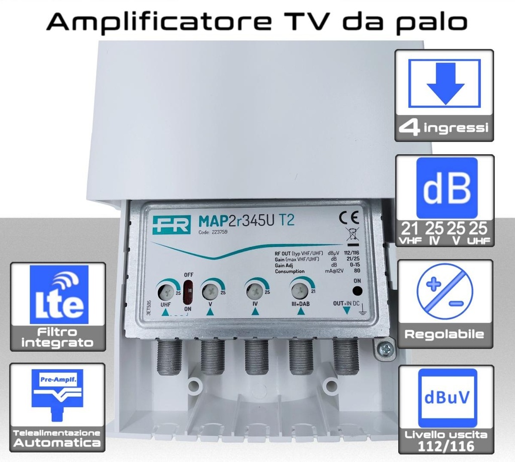 Amplificatore antenna TV 4 ingressi VHF-IV-V-UHF 25dB regolabile Filtro 5G