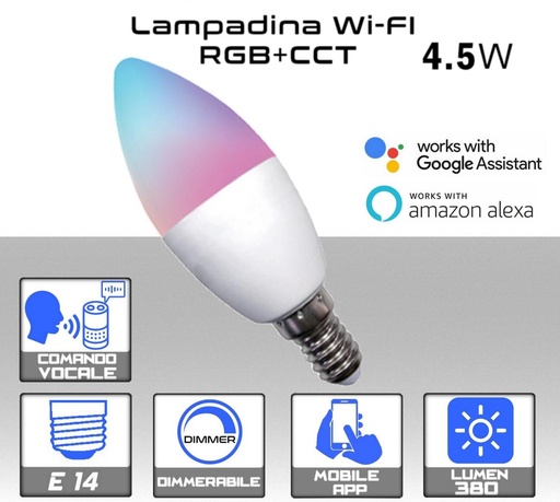 [SA0234] Lampadina LED Wi-Fi 4.5W 350 lumen E14 RGB e bianco dimmerabile