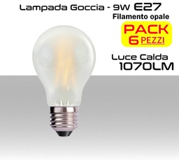 [MS0299] Lampadina LED Opale filamento a goccia 9W luce calda 3000K E27 1070 lumen  PACK 6 PZ.
