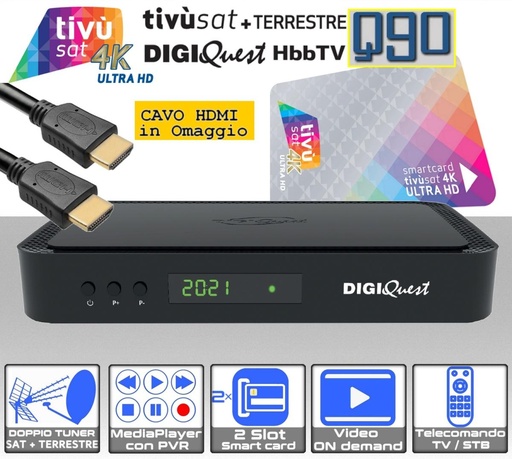 [SA0052] Decoder Tivùsat 4K combo Digiquest Q90 DVB-S2 DVB-T2 HEVC completo di tessera tivùsat con cavo HDMI HQ in omaggio