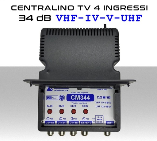 [MS2774] Centralino antenna TV da interno 4 ingressi BIII-IV-V-UHF (34/36) 34dB serie Elar CM344