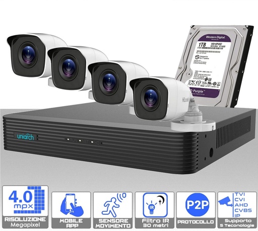 [SA4MP] Kit videosorveglianza da esterno 4 telecamere bullet 4.0 megapixel e dvr con hard disk 
