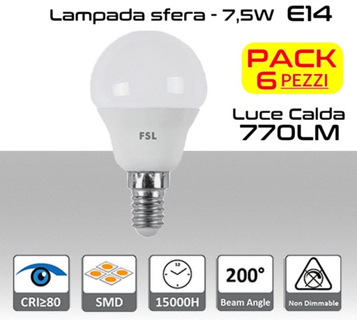 [SA0374] Lampadina LED a sfera 7,5W luce calda 3000K E14 770 lumen PACK 6 PZ