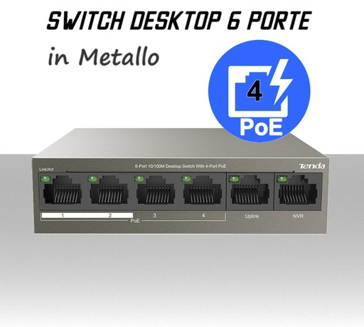 [SA0423] Switch Ethernet 6 porte 4 PoE Lan in metallo modello Desktop Tenda