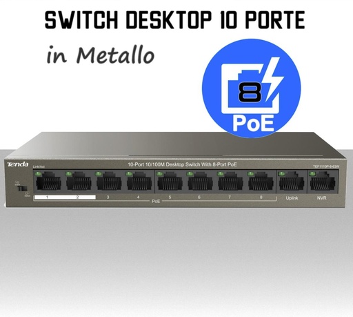 [SA0435] Switch Ethernet 10 porte 8 PoE Lan in metallo modello Desktop Tenda