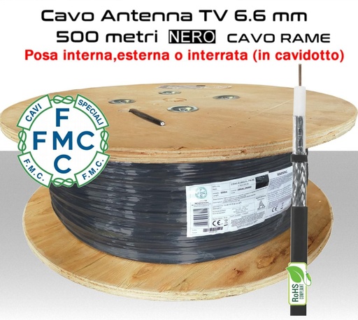 [SA0920] Cavo antenna TV 6,6 mm in bobina 500 metri Rame e FR-PE nero Micro TEK 
