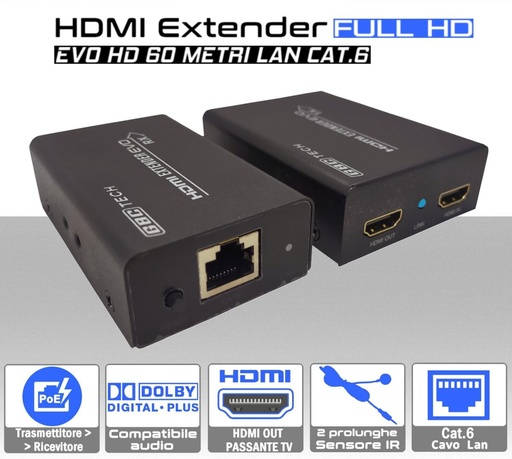 [SA2194] Estensore HDMI lan ethernet CAT.6 distanza 60 metri supporto HDCP tecnologia POC  passante HDMI e ripetitore IR di telecomando bidirezionale 