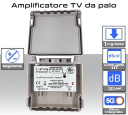 [AP30R-5G-RED] Amplificatore TV da Palo UHF 30dB Regolabile con Filtro 5G - Soluzione Professionale Made in EU