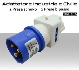 [MS20551] Adattatore spina industriale CEE con 2 prese civile Bipasso ed 1 schuko  tedesca 10A 16A tensione 220V-250V