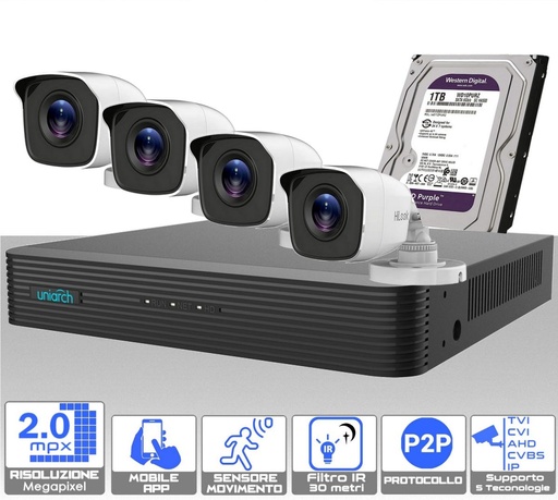 [SA2MP] Kit videosorveglianza da esterno 4 telecamere bullet 2.0 megapixel e dvr con hard disk