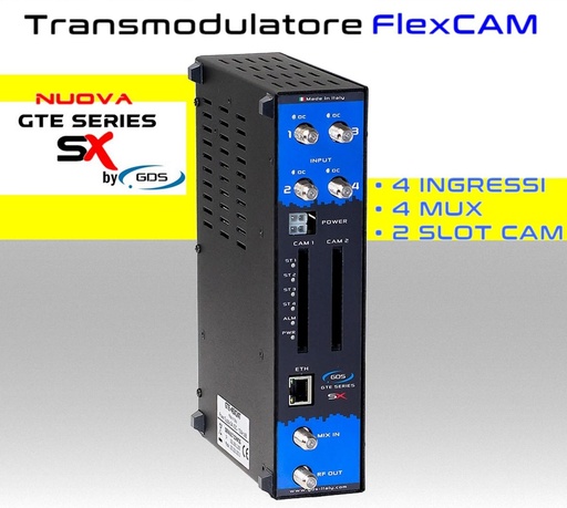 [SA4SX24T] Transmodulatore GDS serie GTE-SX a 4 ingressi SAT multistream 2 slot FlexCAM