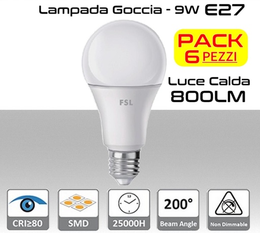 [SA0102] Lampadina LED a goccia 9W luce calda E27 800 lumen PACK 6 PZ.