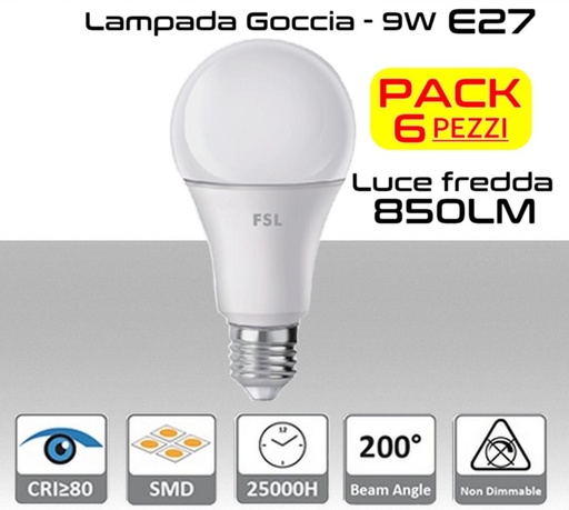 [SA0227] Lampadina LED a goccia 9W luce fredda E27 850 lumen PACK 6 PZ.