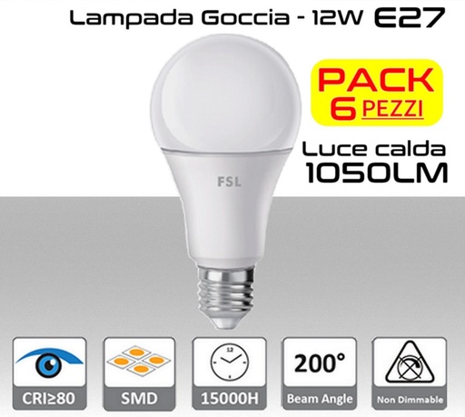 [SA0104] Lampadina LED a goccia 12W luce calda E27 1050 lumen PACK 6 PZ.
