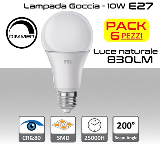 [SA0109] Lampadina LED a goccia 10W luce naturale E27 830 lumen Dimmerabile PACK 6 PZ.