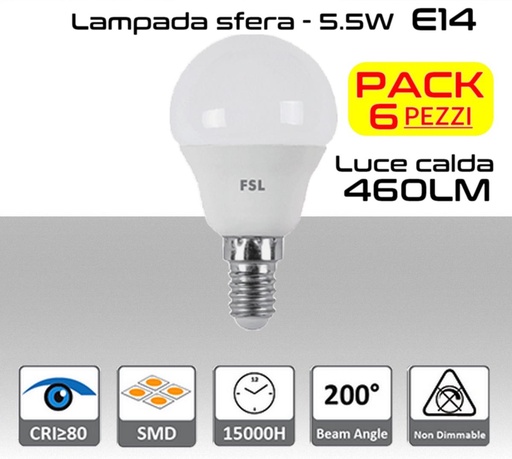 [SA0110] Lampadina LED a sfera 5,5W luce calda E14  460 lumen  PACK 6 PZ.