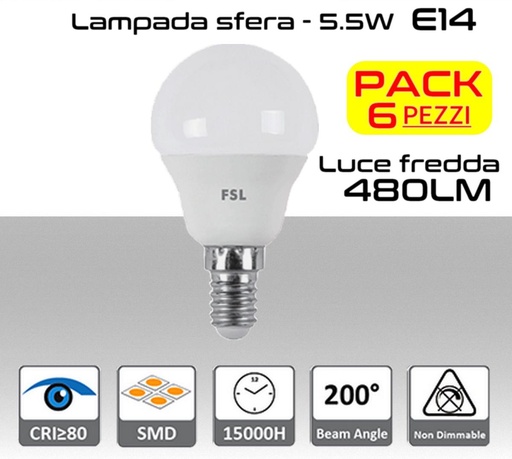 [SA0112] Lampadina LED a sfera 5,5W luce fredda E14  480 lumen PACK 6 PZ
