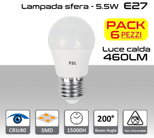 [SA0113] Lampadina LED a sfera 5,5W luce calda E27  460 lumen PACK 6 PZ