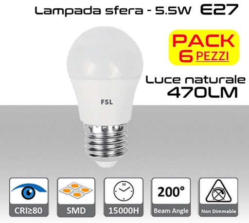 [SA0114] Lampadina LED a sfera 5,5W luce naturale 4000K  E27  470 lumen PACK 6 PZ