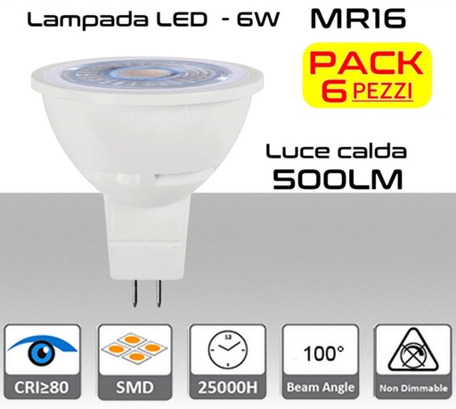 [SA0284] Lampadina LED MR16 GU5.3 luce bianca calda 500 lumen 6W Cover Traslucido PACK 6pz.
