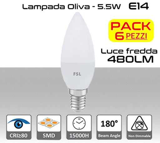 [SA0404] Lampadina LED oliva 5,5W luce fredda 6500k E14 480 lumen PACK 6pz.